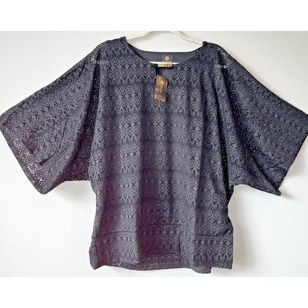 JM Collection Deep Black Sz 2XL Textured Lace Top w/ Keyhole Neckline NEW G31